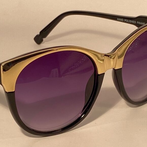 Evita Round Eyebrow Sunglasses Black with Gold Detail New - Picture 7 of 9